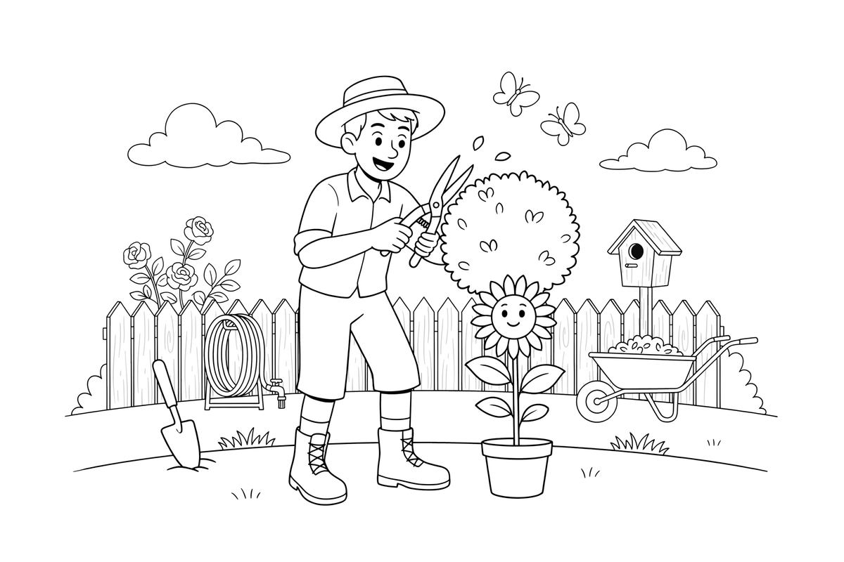 A man trimming a bush into a neat shape with big shears – Garden & Gardening coloring page