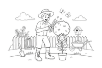 A man trimming a bush into a neat shape with big shears – Garden & Gardening coloring page