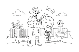 A man trimming a bush into a neat shape with big shears – Garden & Gardening coloring page