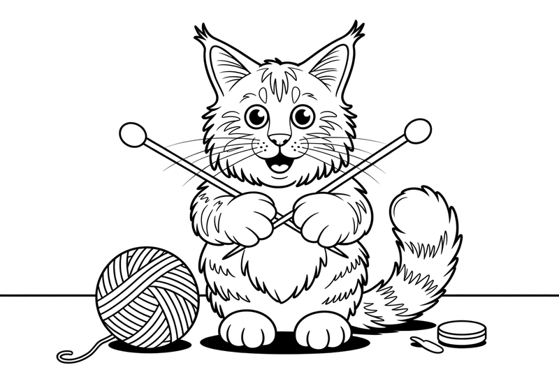 Maine Coon with knitting needles – Maine Coon Cat Mischief coloring page