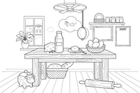 A dairy table with milk, cheese, butter and eggs – Creamy Dairy Delights coloring page