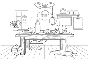 A dairy table with milk, cheese, butter and eggs – Creamy Dairy Delights coloring page