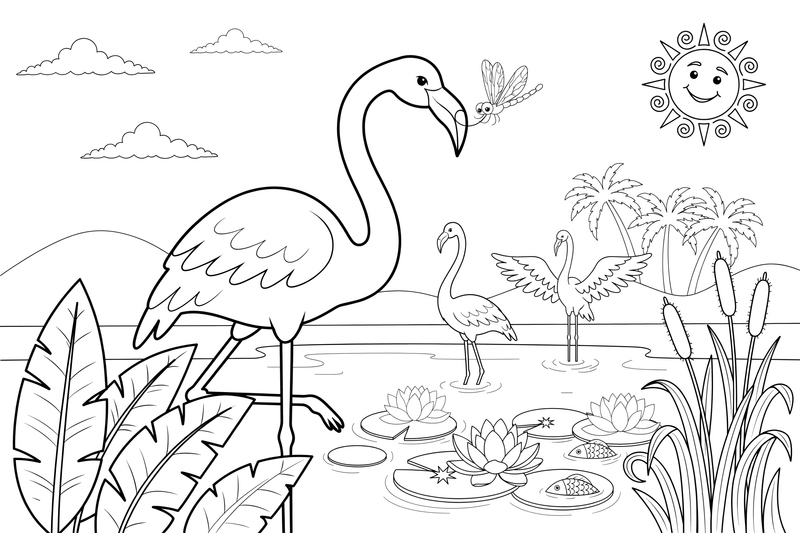 A flamingo curving its long neck into an S shape – Flamingo Pond coloring page