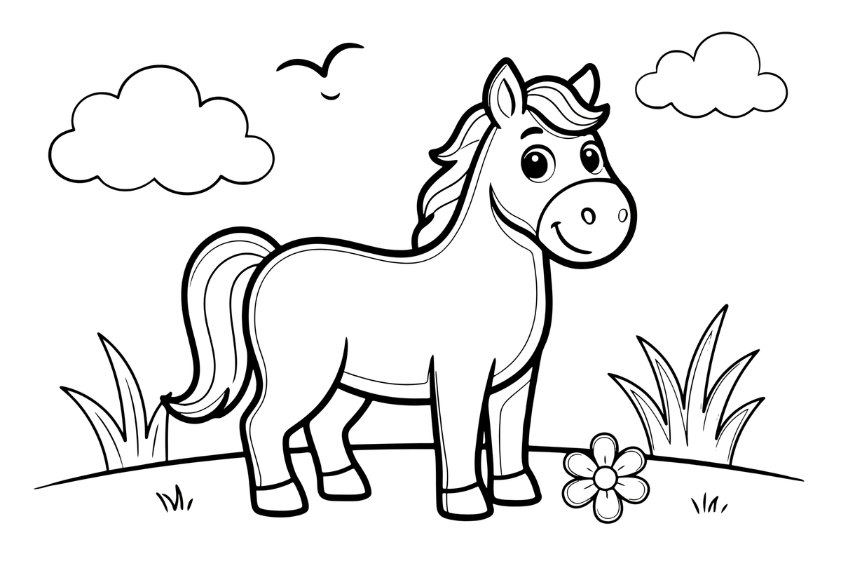 Horse standing in a green pasture – Galloping Horse Farm coloring page