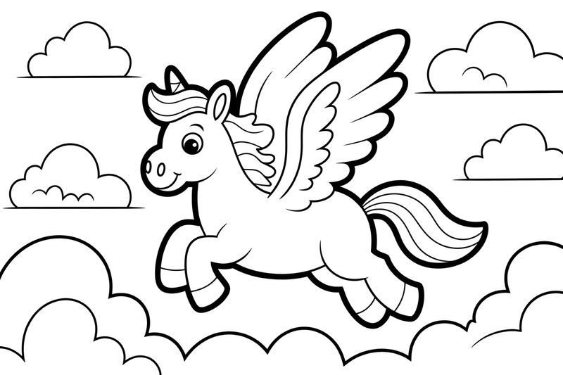 Pegasus flying high above fluffy clouds – Pegasus Magical Flight coloring page