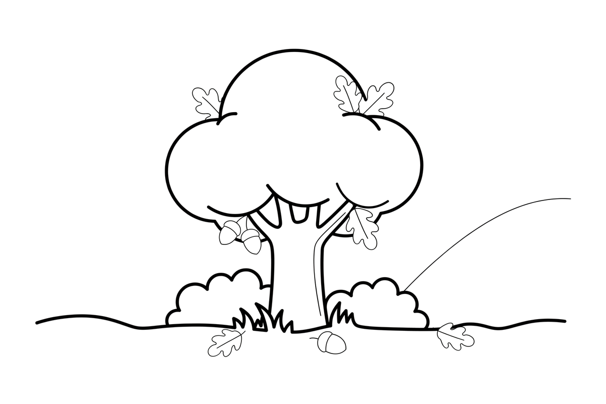 An oak tree with acorns and a few oak leaves – Trees coloring page