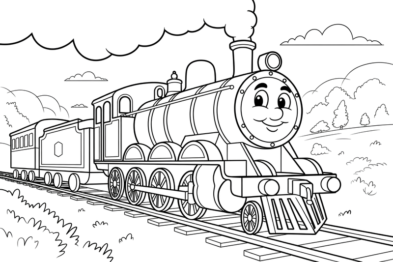 Steam Train green hills – Steam Train Engine Scenes coloring page