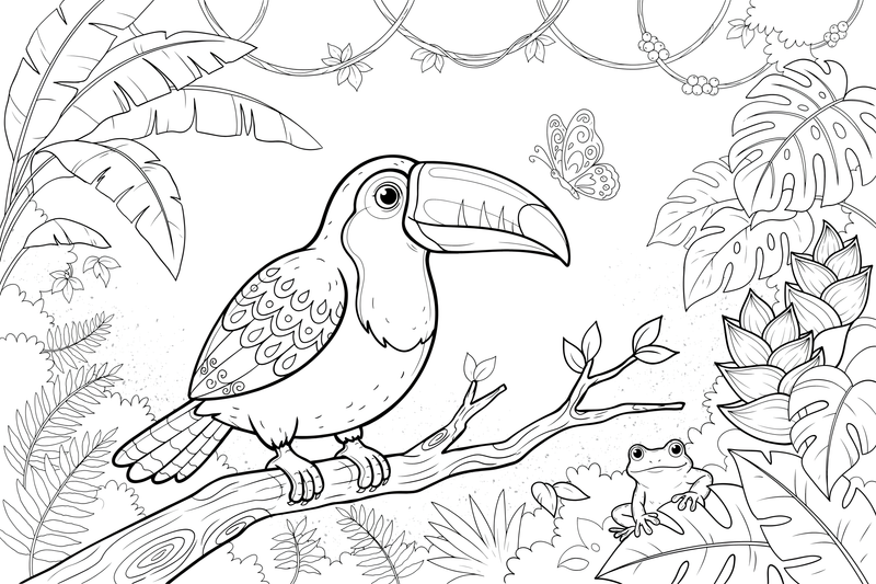 A toucan perched on a jungle branch – Toucan coloring page