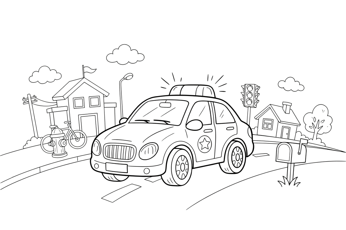 A police car with flashing lights on top – Emergency Emergency Vehicles coloring page