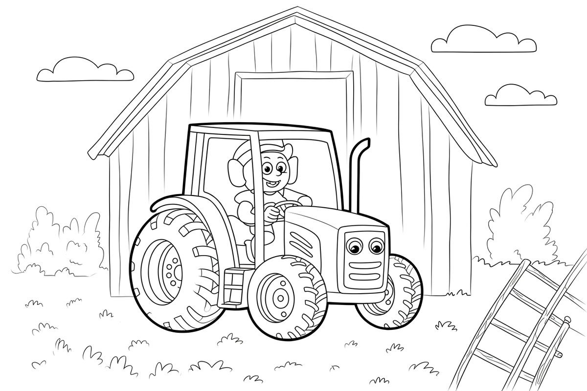 Tractor in Barn – Farm Tractors coloring page
