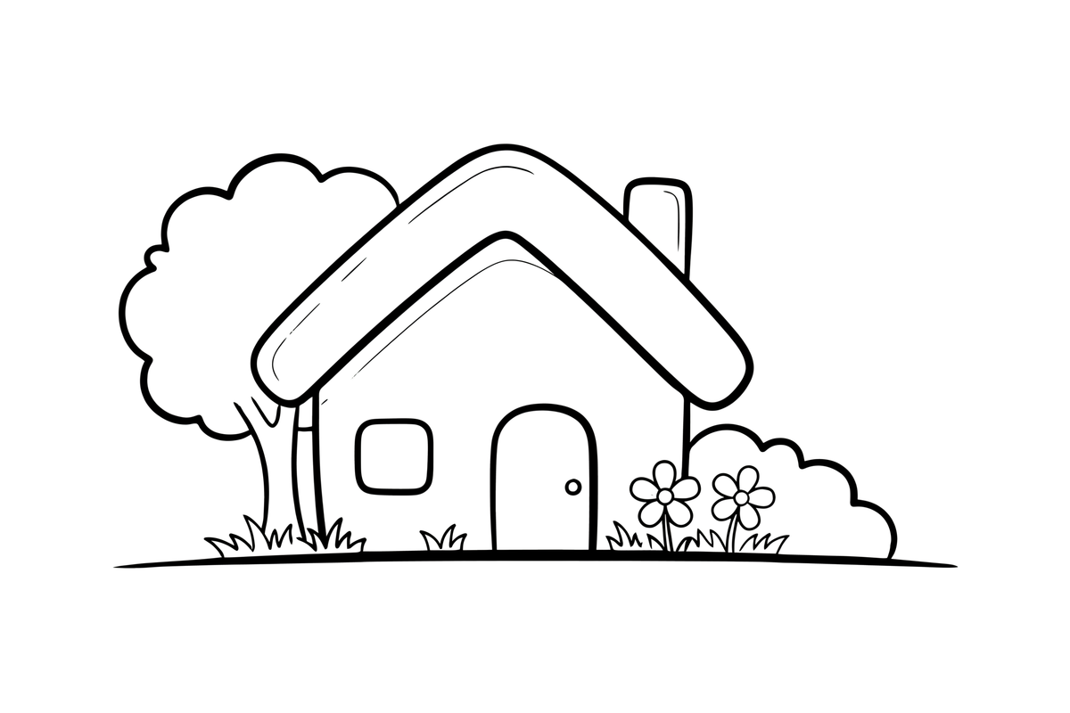 A cozy stone cottage with a thatched roof and a round door – Cottages coloring page