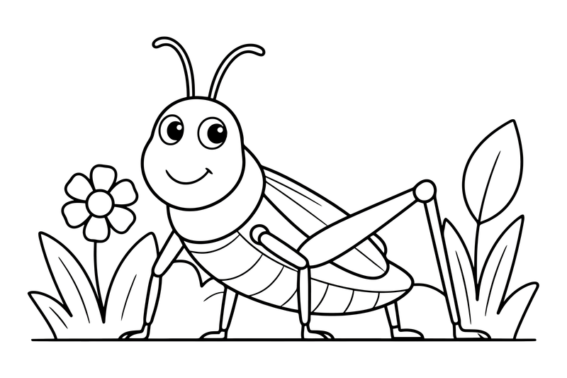 One big grasshopper up close, filling the page, its long jumping legs clear – Insects & Bugs Insect coloring page