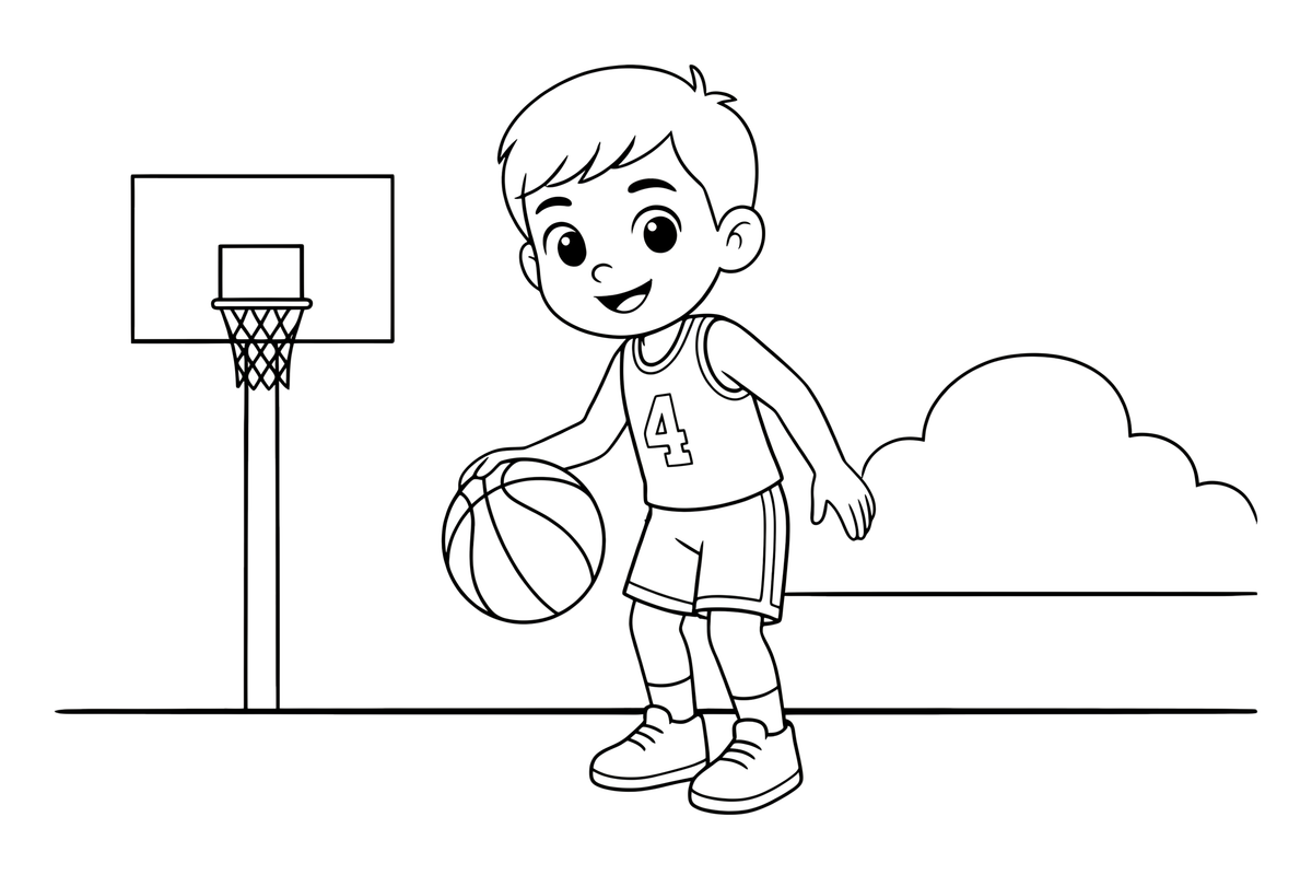 A player dribbling a basketball – Dynamic Basketball Players coloring page
