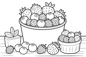A table full of different berries — strawberries, blueberries and raspberries – Juicy Berries coloring page