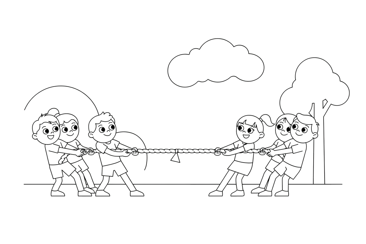 Two teams of children pulling a big rope in a tug of war – Sports Day coloring page