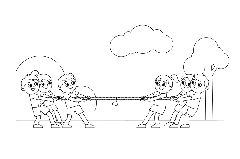 Two teams of children pulling a big rope in a tug of war – Sports Day coloring page