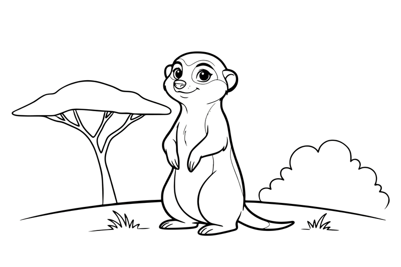 A meerkat standing up tall on the sand, looking around – Safari & Jungle Wild Animals coloring page