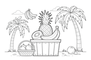 A pile of tropical fruits — pineapple, banana and kiwi – Tropical Fruits coloring page