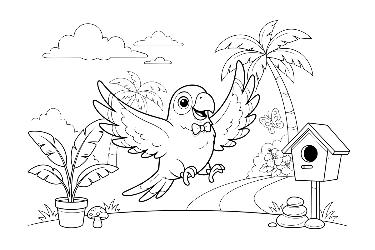 A parrot flapping its wings to fly – Parrot Bird coloring page