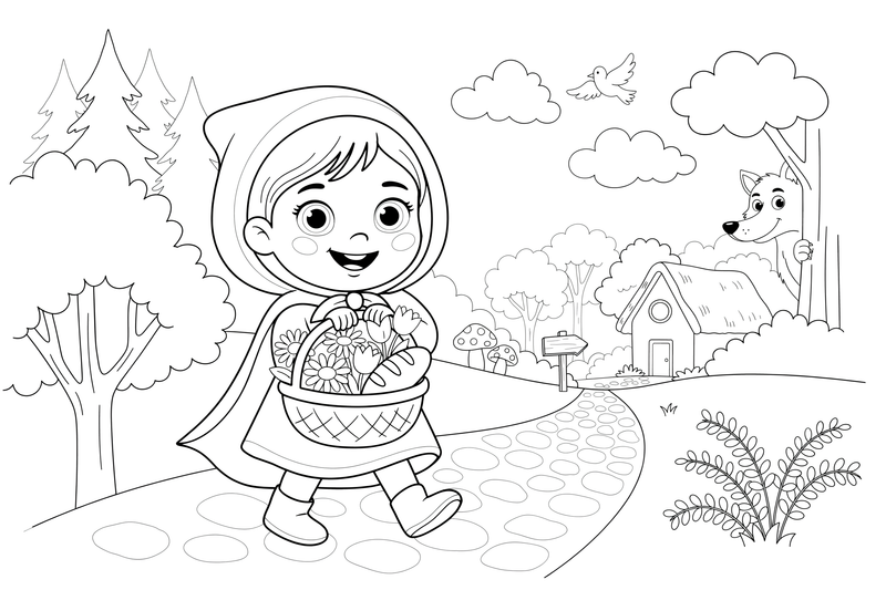 A sweet little girl wearing a hooded cape – Little Red Riding Hood Story coloring page