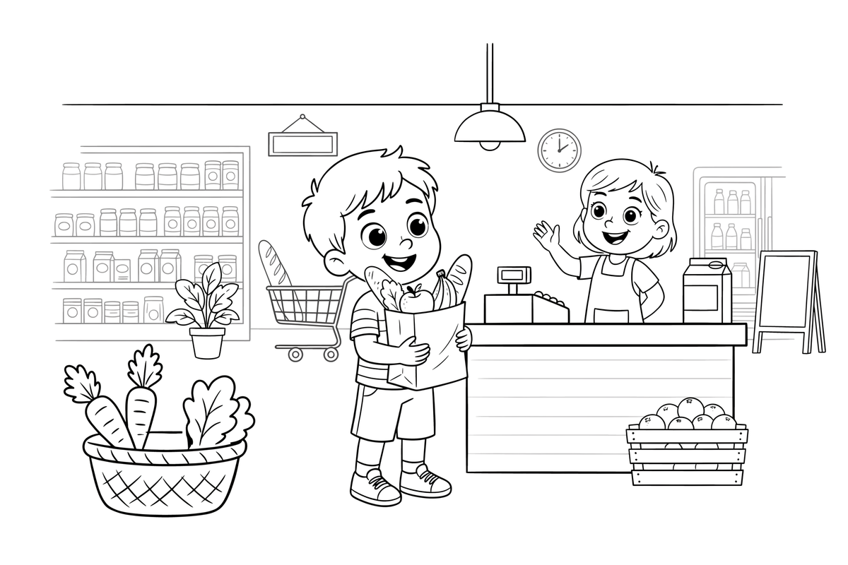 A person packing groceries into a shopping bag – Cozy Grocery Store coloring page