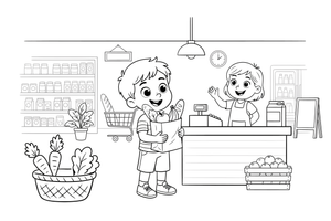 A person packing groceries into a shopping bag – Cozy Grocery Store coloring page