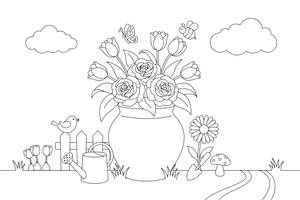 A full vase packed with roses, tulips and leaves – Spring Bouquet Flower coloring page