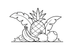 A pile of tropical fruits — pineapple, banana and kiwi – Tropical Fruits coloring page