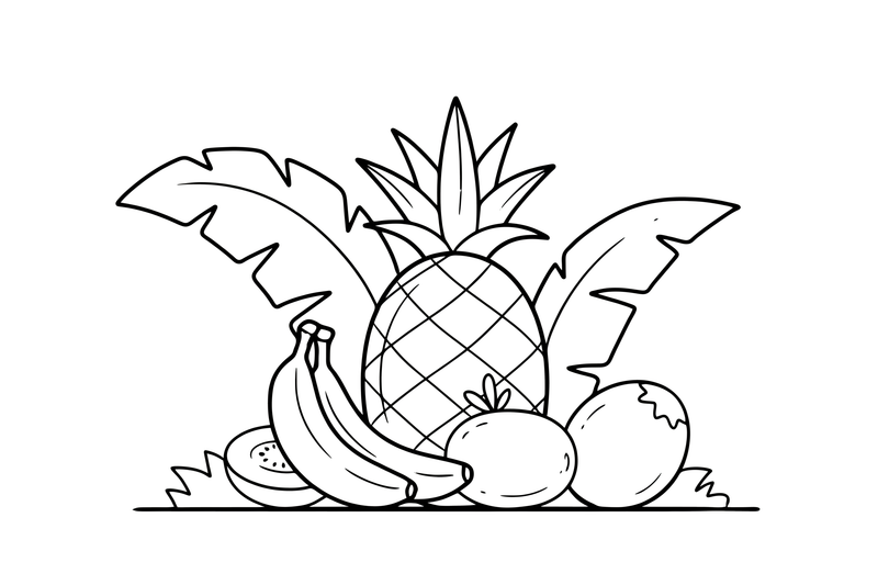A pile of tropical fruits — pineapple, banana and kiwi – Tropical Fruits coloring page