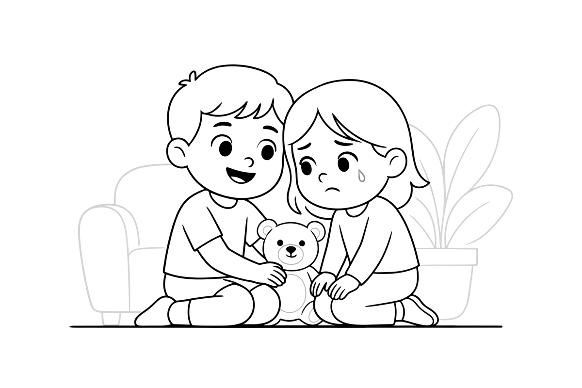Two children — one happy, one sad — comforting each other – Feelings coloring page