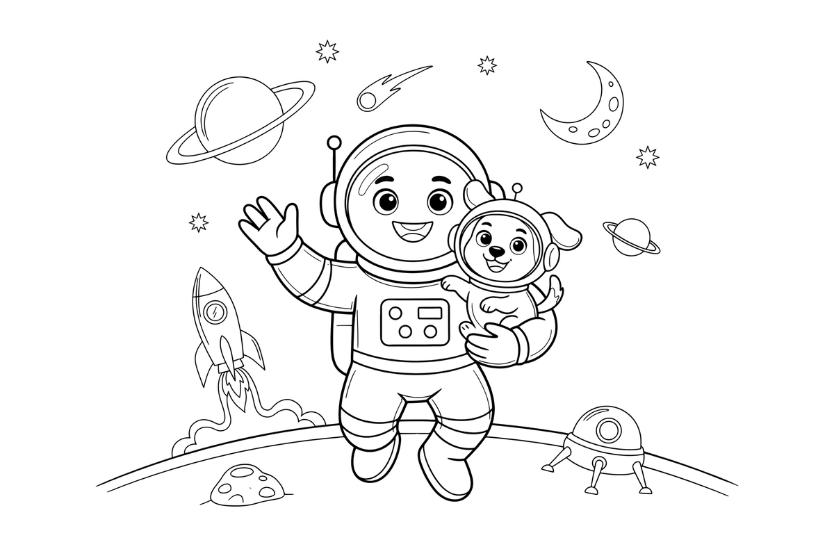 An astronaut with a little space dog in a helmet – Astronaut Explorer coloring page