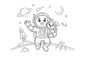 An astronaut with a little space dog in a helmet – Astronaut Explorer coloring page