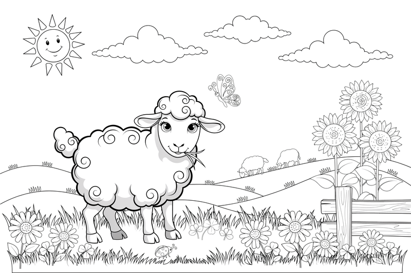 A sheep grazing in a green meadow – Sheep coloring page