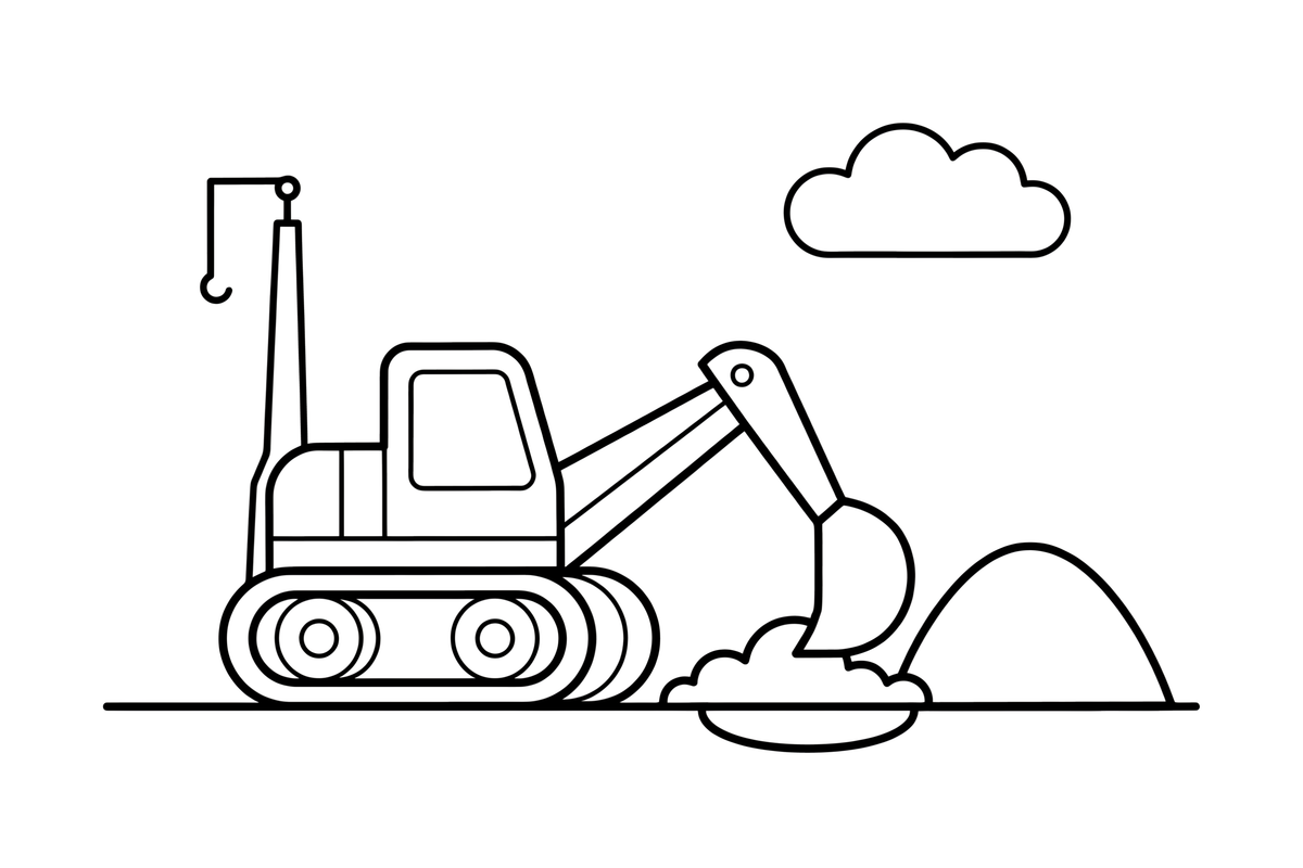 An excavator digging a big hole with its bucket – Construction Vehicles coloring page