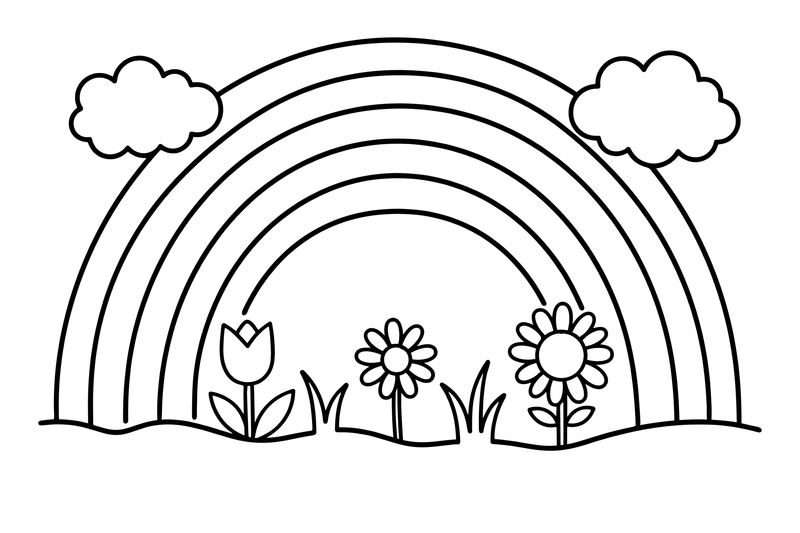A rainbow arching over a green meadow with flowers – Rainbow Sky coloring page