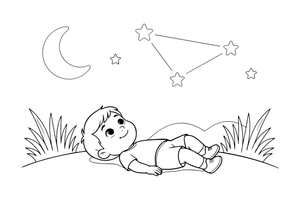 A child lying on the grass looking up at the stars – Twinkling Stars & Constellation Sky coloring page
