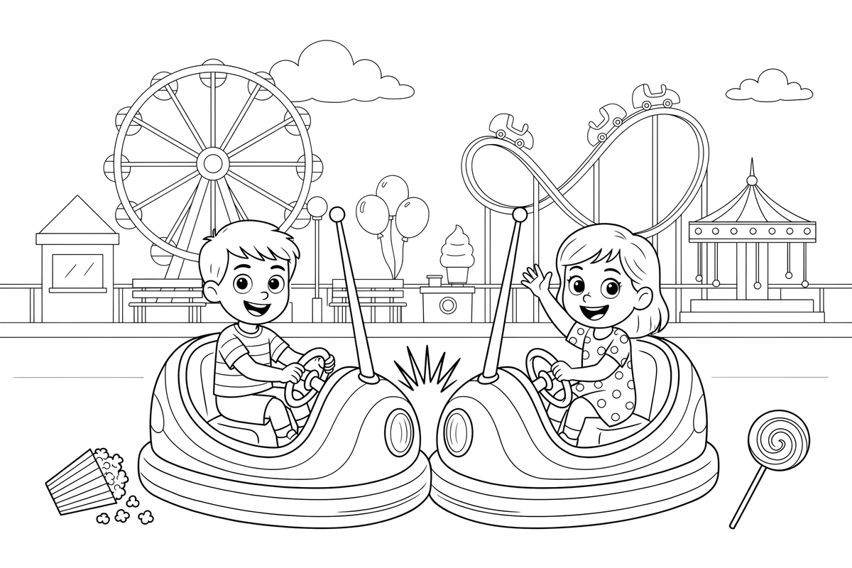 Two bumper cars bumping into each other with children – Thrilling Amusement Park coloring page