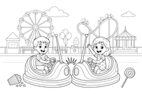 Two bumper cars bumping into each other with children – Thrilling Amusement Park coloring page