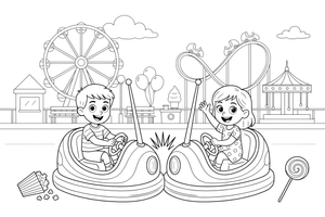 Two bumper cars bumping into each other with children – Thrilling Amusement Park coloring page