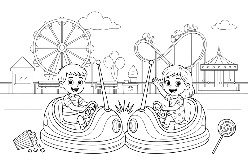 Two bumper cars bumping into each other with children – Thrilling Amusement Park coloring page