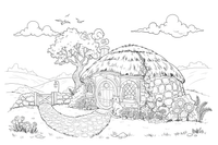 A cozy stone cottage with a thatched roof and a round door – Cottages coloring page