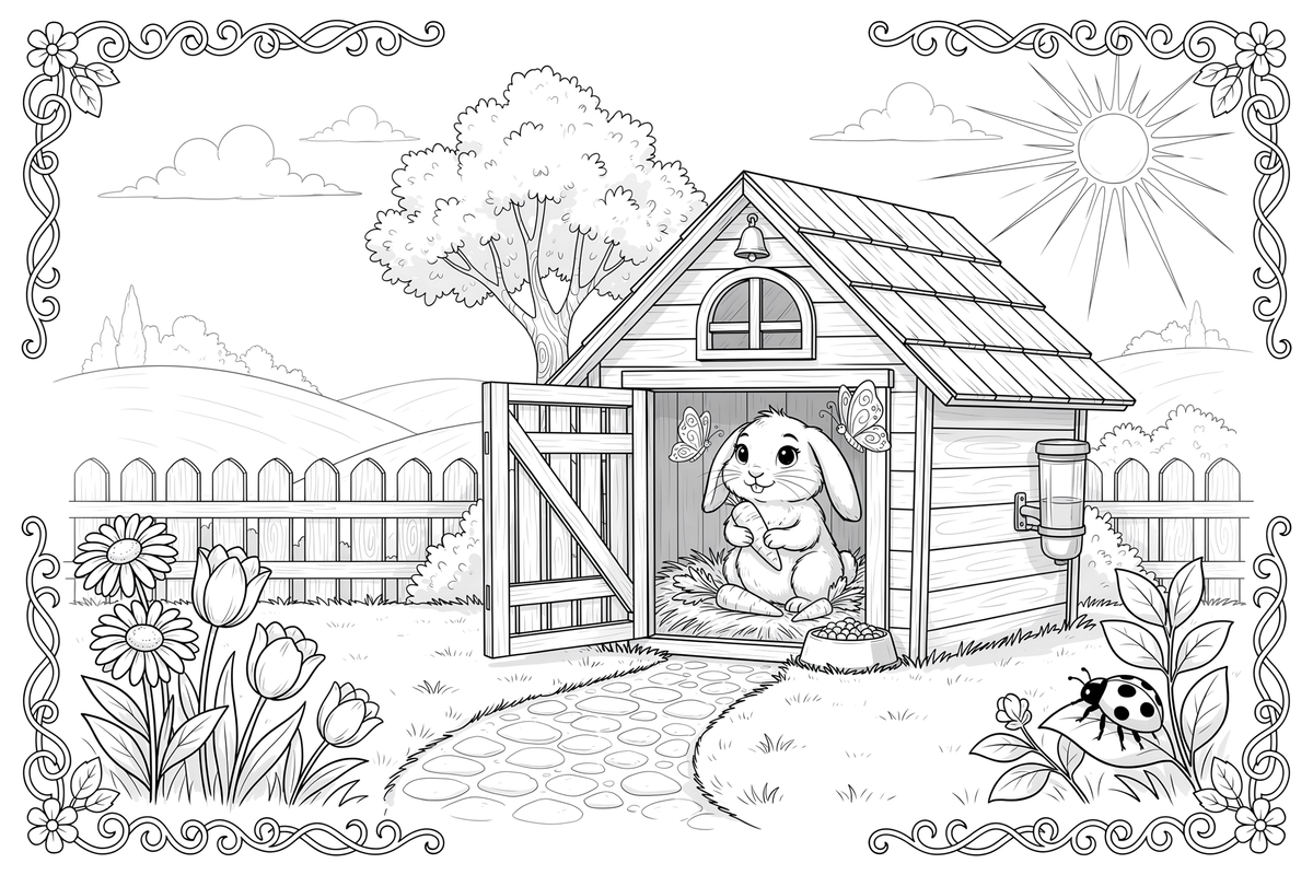 A pet rabbit sitting in its hutch – Rabbit coloring page