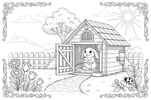 A pet rabbit sitting in its hutch – Rabbit coloring page