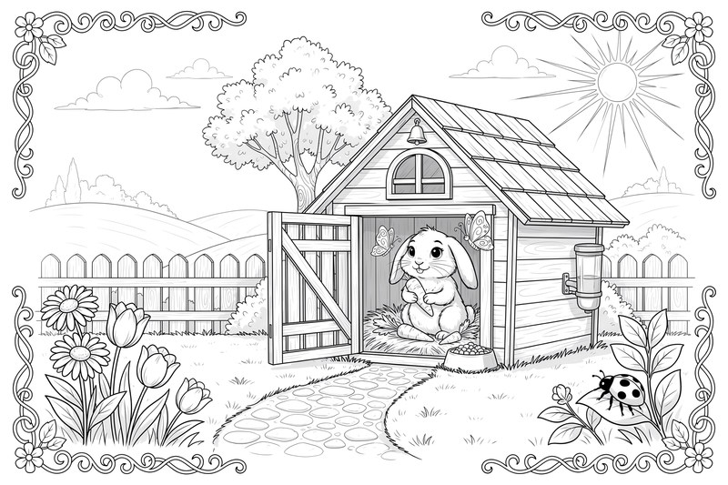 A pet rabbit sitting in its hutch – Rabbit coloring page