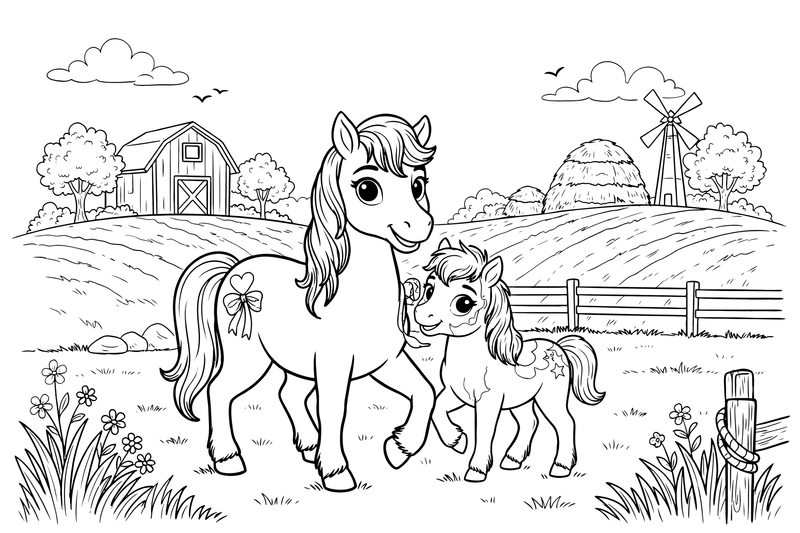 A mother pony with a little foal – Ponies coloring page