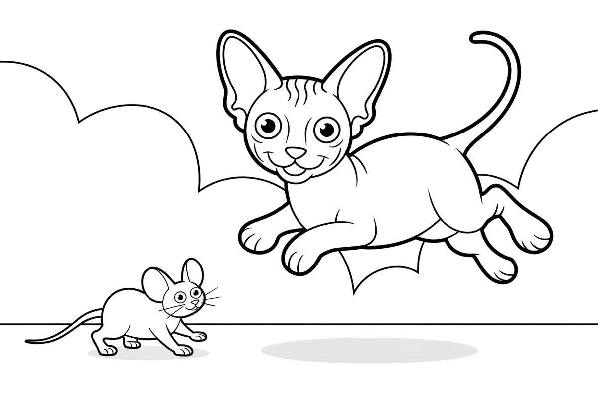 Sphynx jumping after the mouse running – Sphynx Cat in Motion coloring page