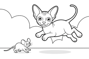 Sphynx jumping after the mouse running – Sphynx Cat in Motion coloring page