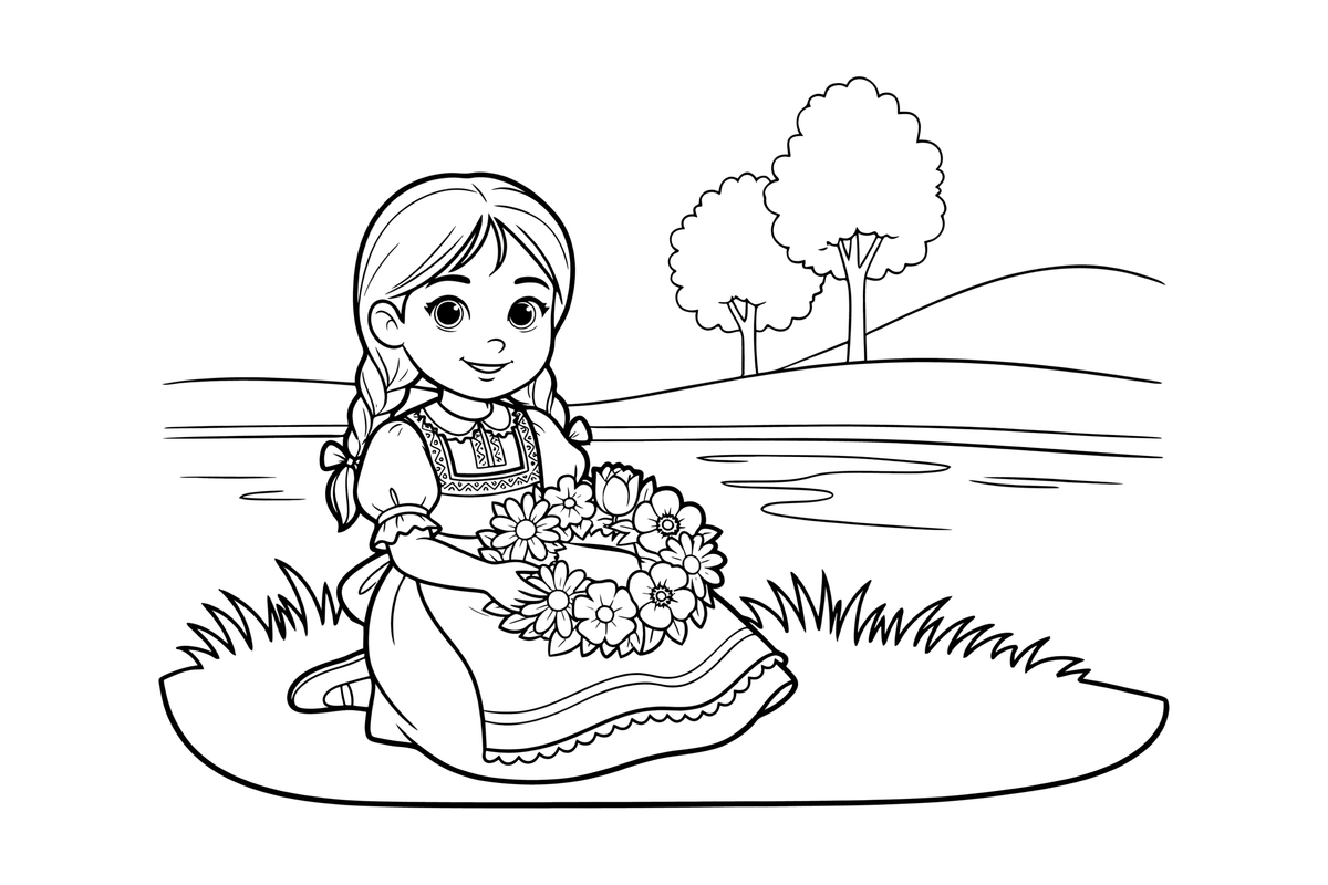 A girl in folk dress sitting by a river with a flower wreath – Herb Day coloring page