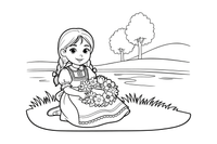 A girl in folk dress sitting by a river with a flower wreath – Herb Day coloring page