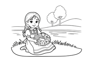 A girl in folk dress sitting by a river with a flower wreath – Herb Day coloring page